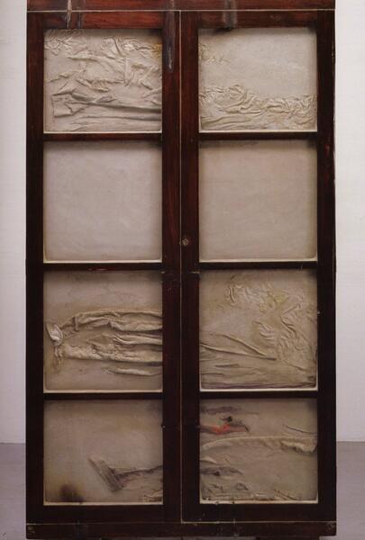 Untitled/ Sin titulo. 1998, wood, concrete, glass, cloth, metal/ madera, concreto, vidrio, tela, metal 183.5 cm x 33 cm. 