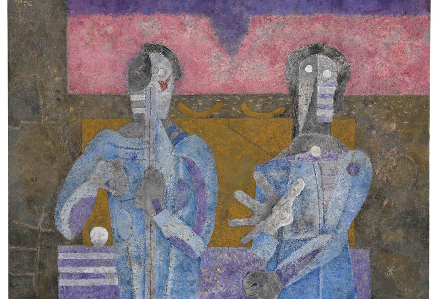 CHRISTIE'S IMAGES LTD. 2010. Rufino Tamayo (Mexican 1899-1991) Dos personajes signed and dated 'Tamayo, O-84' (upper left) and titled 'DOS PERSONAJES' (twice on the reverse) also dedicated (on the reverse) oil and sand on canvas 37½ x 51 1/8 in. (95.2 x 130 cm.) Painted in 1984. Estimate: 400,000 - 600,000 U.S. dollars Price Realized: 842,500 U.S. dollars 
