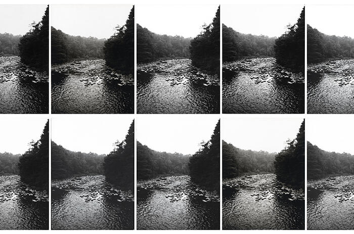 Diagonal Falls / Caída Diagonal, 1976. Nine silver gelatin prints, 32 x 40 in (overall, unframed). Courtesy Henrique Faría Fine Art/ Nueve impresiones en gelatina de plata, 81,3 x 101,6 cm. (en total, sin marco). Cortesía Henrique Faría Fine Art.