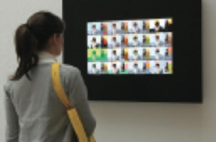 Rafael Lozano-Hemmer. Company of Colors (Shadow Box), 2009. Interactive high-resolution screen with integrated digital moni- toring system, 55 x 31.5 x 4.7 in. Pantalla de alta resolución interac- tiva con sistema integrado de seguimiento informatizado. 140 x 80 x 12 cm.