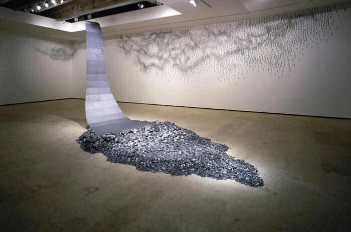 Teresita Fernández, Drawn Waters (Borrowdale) 1, 2009. Natural and machined graphite on steel armature. Installation view: Lehmann Maupin, New York, NY, 2009.