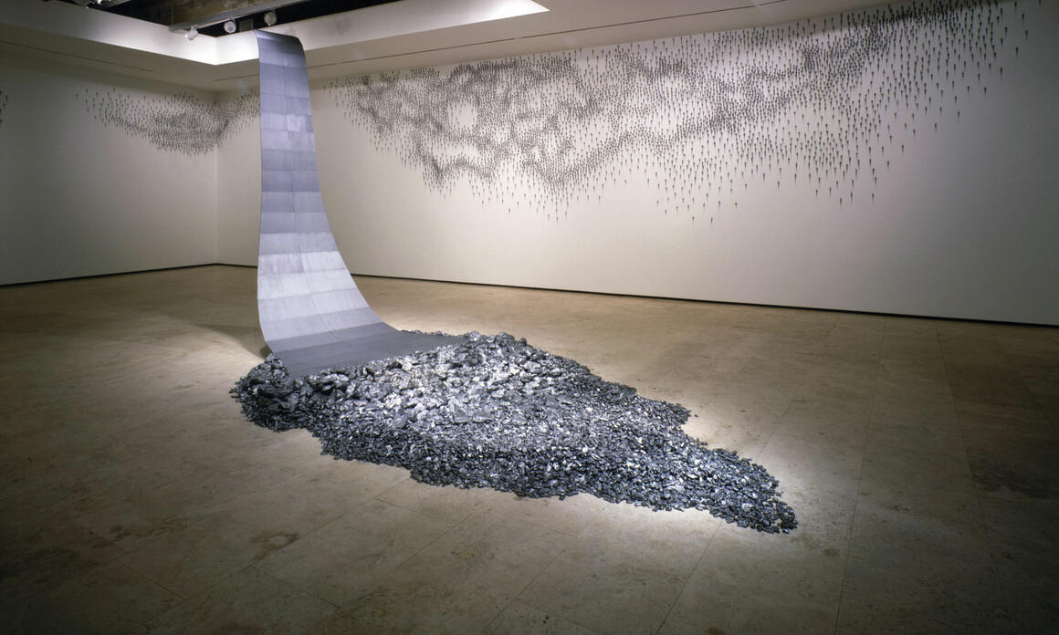 Teresita Fernández, Drawn Waters (Borrowdale) 1, 2009. Natural and machined graphite on steel armature. Installation view: Lehmann Maupin, New York, NY, 2009.