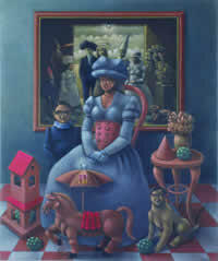 "Dama posando con escena", óleo s/tela, 120 x 100 cm, 2000