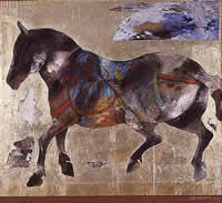 "Caballo Guerrero Versión 3", pigmentos naturales, hojilla de oro sobre madera, 180 x 90 cm , 2001.