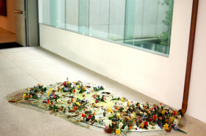 " El Desagüe" 2010 11.50' x 9' x 8.25' plexiglass mirrored & clear, PVC pipe, clear resin, food, artificial & real flowers, papier mache