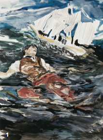 Floating in the Dead Sea with ghost ship pirated by Hedi Slimane, 2003. Mixed media on paper, 30 x 22 1/2 in. Técnica mixta sobre papel, 76,2 x 56 cm. Courtesy Rubell Family Collection, Miami