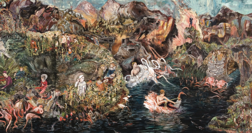 The great barrier wreath, 2006. Oil on linen over panel, 66 x 144 1/8 in. Óleo sobre lino montado en panel de madera, 167,6 x 366,1 cm Courtesy Rubell Family Collection, Miami.