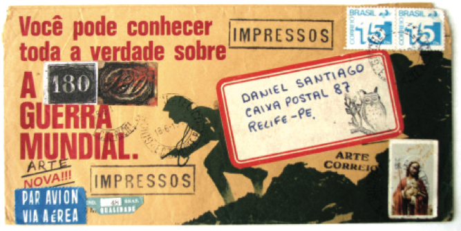 Você pode conhecer toda a verdade sobre a guerra mundial, 1976. Envelope/collage, 4.3 x 9 in. Sobre/collage, 11 x 23 cm.