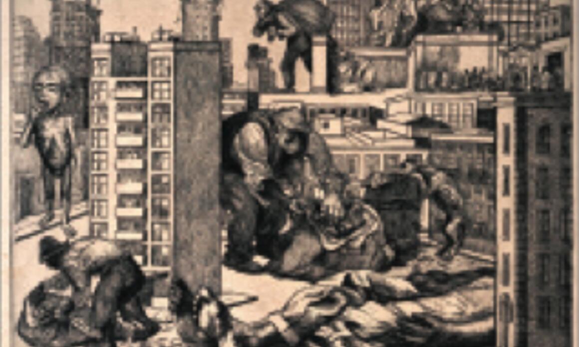 Alfredo Zalce. México is becoming a large city..., 1947. Burin engraving on paper, 16.6 x 21.3 in. Instituto National Institute of Fine Arts, National Museum of Engraving, Mexico. México se transforma en una gran ciudad..., 1947. Grabado a buril sobre papel. 42,1 cm x 54,2 cm. Instituto Nacional de Bellas Artes, Museo Nacional de la Estampa, México.