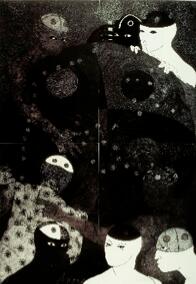 Belkis Ayon. Yearning, 1998. Collography in 4 parts. 79 x 56 inches.