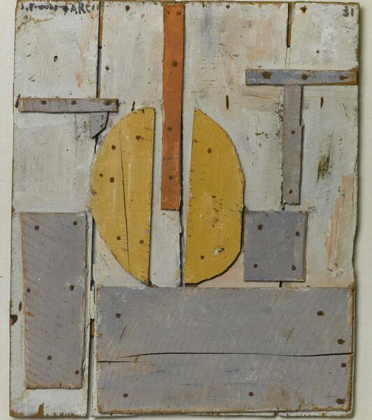Joaquín Torres-García, Constructivo con formas curvas (Construction with Curved Forms) 1931, oleos y puntillas en madera (oils and nails on wood)  19-1/4 x 16 x 1-3/8 in. ,Private Collection, Zurich