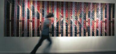 Partial view of the exhibition/Vista parcial de la muestra “Sesera”. Four in One. Oil on canvas, 60 x 109 in. Óleo s/tela, 152 x 276,8 cm. Photo/Foto: Dot Fiftyone Gallery and/y Leslie Gabaldon.