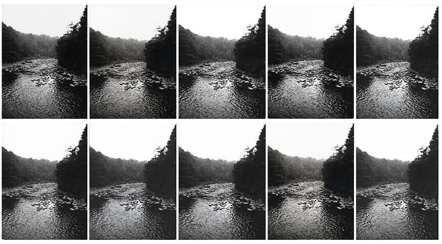 Diagonal Falls / Caída Diagonal, 1976. Nine silver gelatin prints, 32 x 40 in (overall, unframed). Courtesy Henrique Faría Fine Art/ Nueve impresiones en gelatina de plata, 81,3 x 101,6 cm. (en total, sin marco). Cortesía Henrique Faría Fine Art.