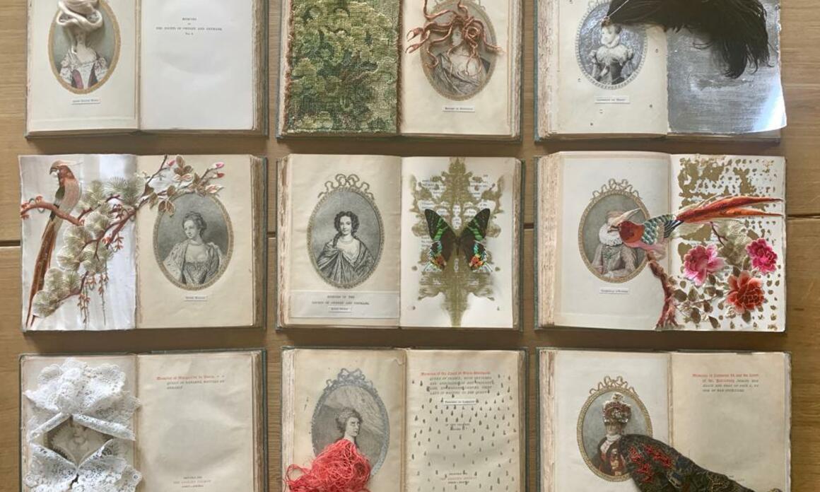 Marcela Marcuzzi Court Memoir, mixed media on rare antique books, installation. 2019.